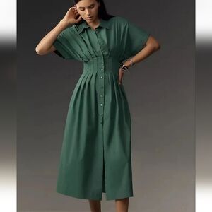 Tailored Green Button-Front Midi Dress